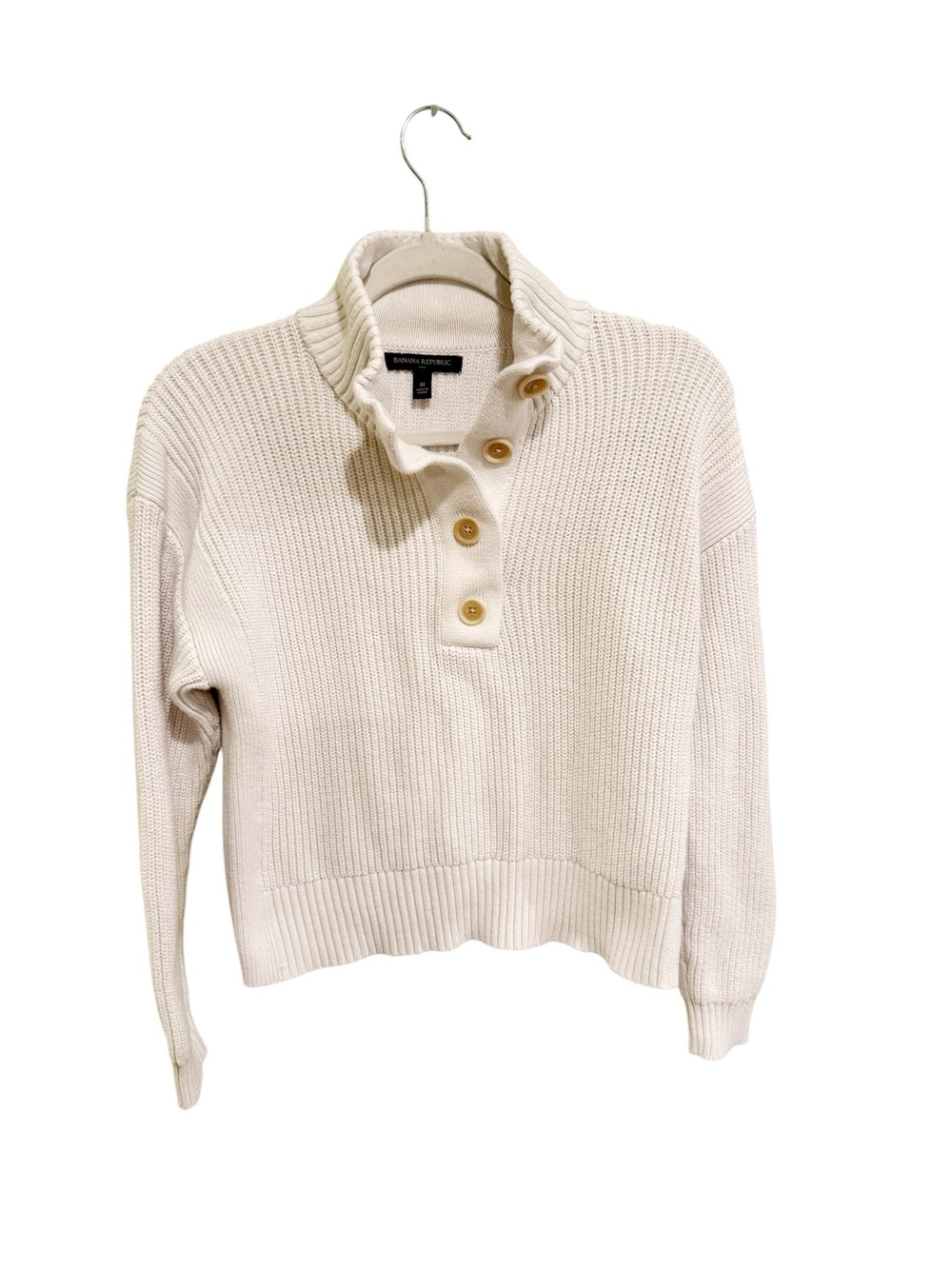 Banana Republic Cotton Blend Off-White Ribbed Button-Neck Sweater - Size Medium